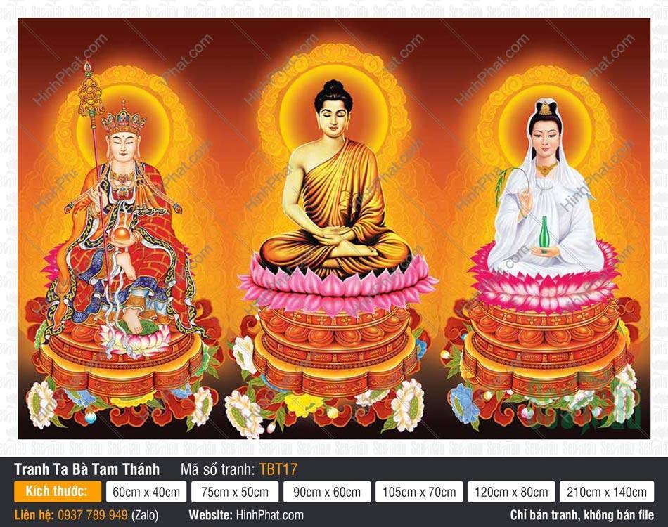 Sa Bà Tam Thánh TBT17 Sa Bà Tam Thánh TBT17 ba vị ngự tòa sen bệ đồng nền vàng hào quang hoa văn cổ