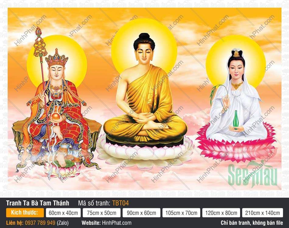 Ta Bà Tam Thánh, Phật Thích Ca Quan Âm Bồ Tát Địa Tạng Bồ Tát TBT04 Tranh Ta Bà Tam Thánh TBT04 với hình nền mây trời tỏa sắc vàng cam rực rỡ