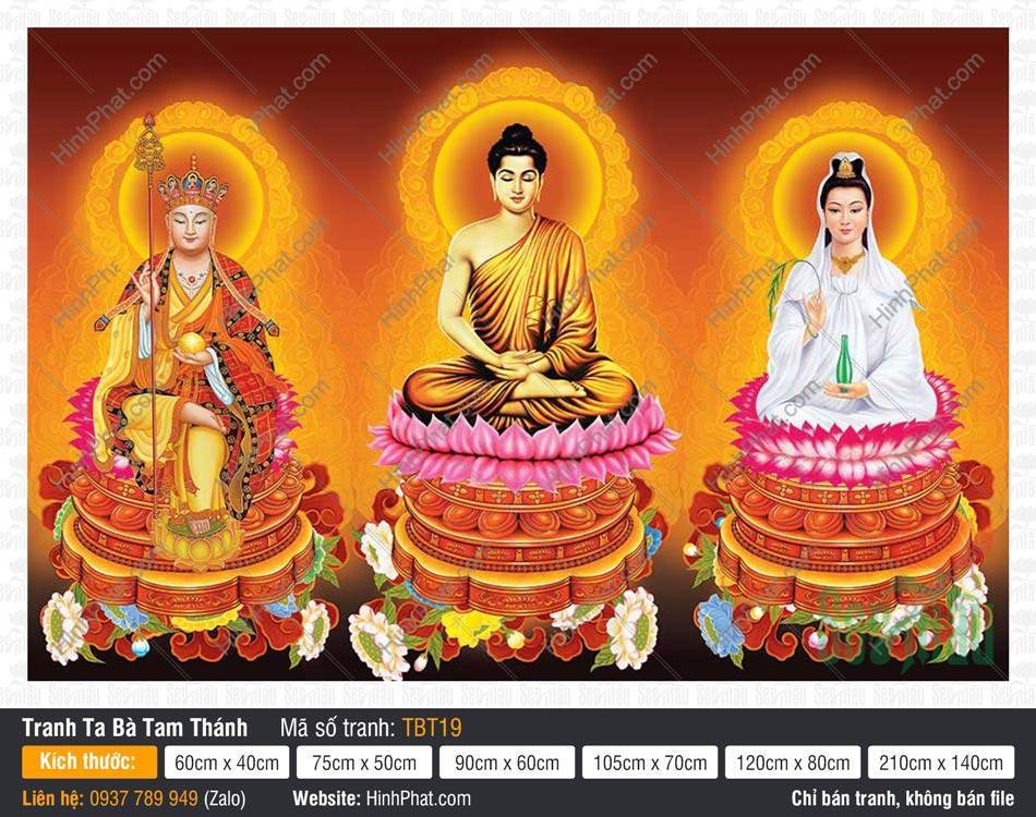 Ta Bà Tam Thánh TBT19 Tranh Ta Bà Tam Thánh TBT19 tỏa hào quang hoa văn trên tòa sen bệ vàng