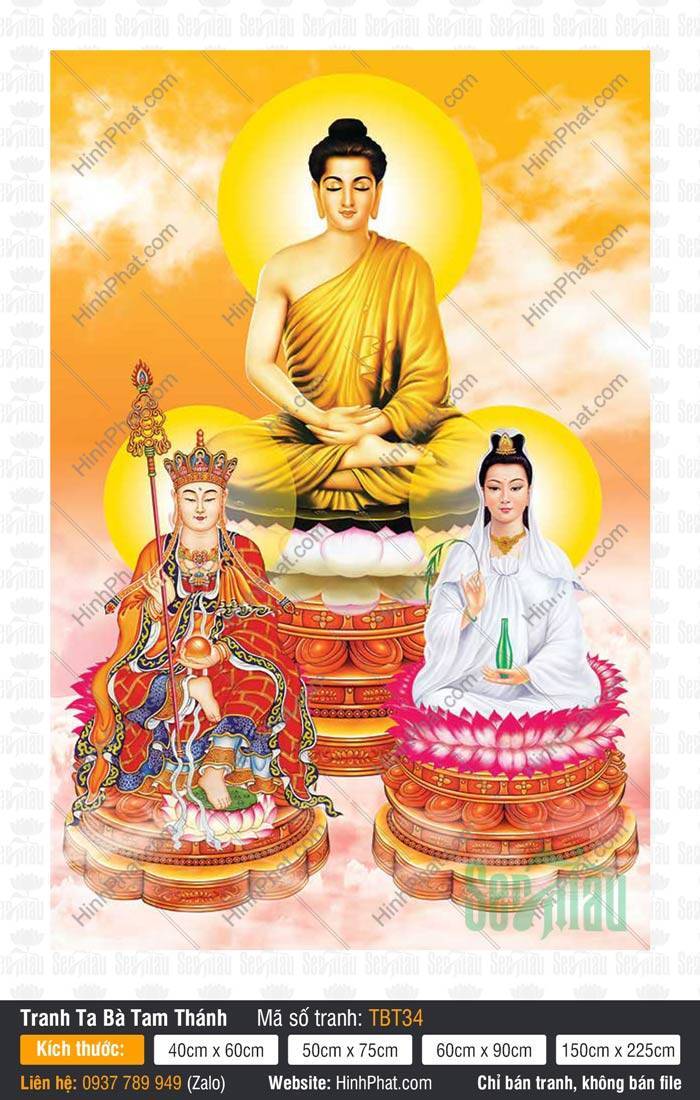 Ta Bà Tam Thánh TBT34 Tranh Ta Bà Tam Thánh TBT34 phác họa bố cục tam giác trang nghiêm giữa mây trời