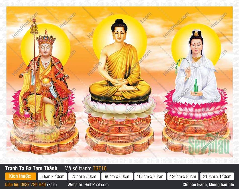 Ta Bà Tam Thánh TBT16 Tranh Ta Bà Tam Thánh TBT16 khắc họa ba vị ngự tòa sen bệ vàng