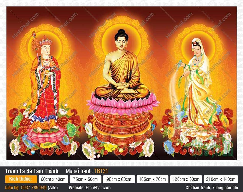 Ta Bà Tam Thánh TBT31 Tranh Ta Bà Tam Thánh TBT31 với hình ảnh ba vị ngự tòa sen bệ vàng gấm