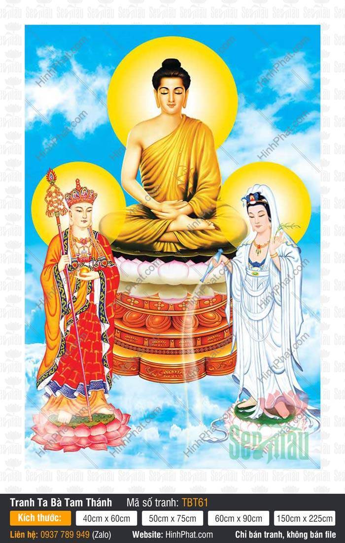 Ta Bà Tam Thánh TBT61 Ta Bà Tam Thánh TBT61 khắc họa ba vị tôn túc ngự trên đài sen nền trời xanh
