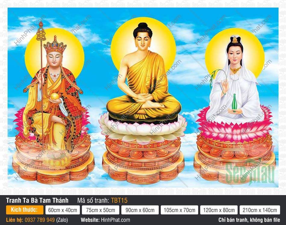 Tranh Sa Bà Tam Thánh TBT15 Tranh Sa Bà Tam Thánh TBT15 khắc họa ba vị Phật Bồ Tát cầm pháp khí ngự tòa sen