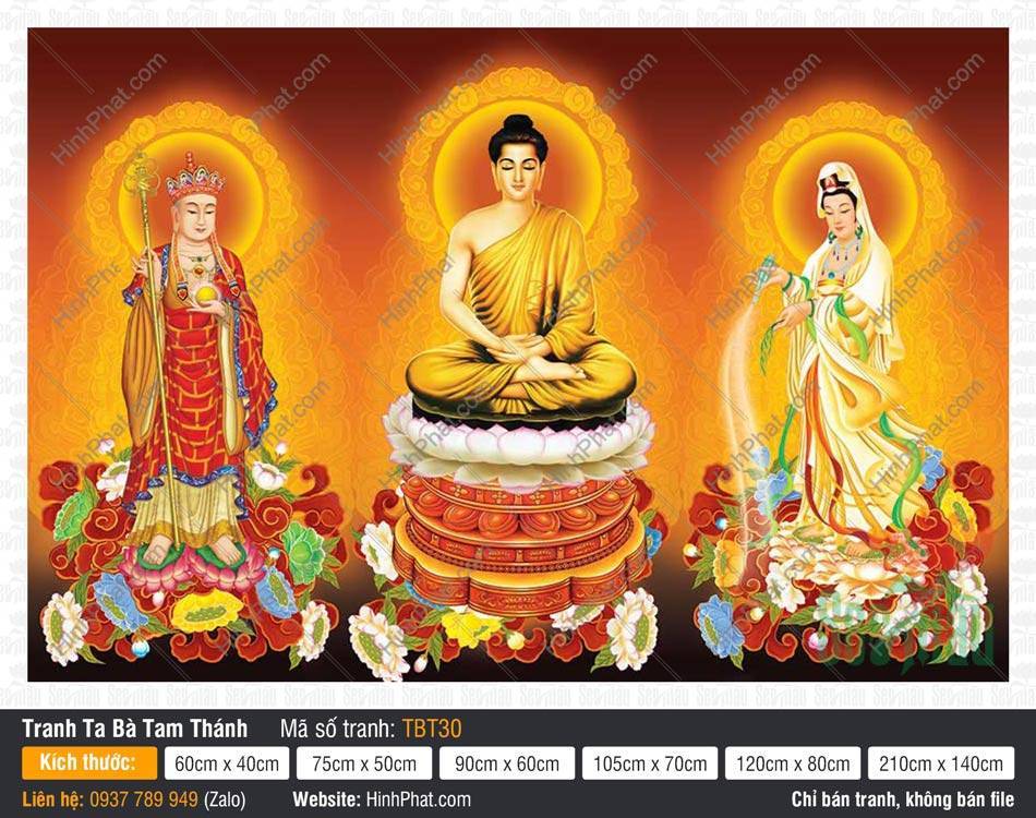 Tranh Sa Bà Tam Thánh TBT30 Tranh Sa Bà Tam Thánh TBT30 Đức Thích Ca tọa thiền hai vị Bồ Tát đứng