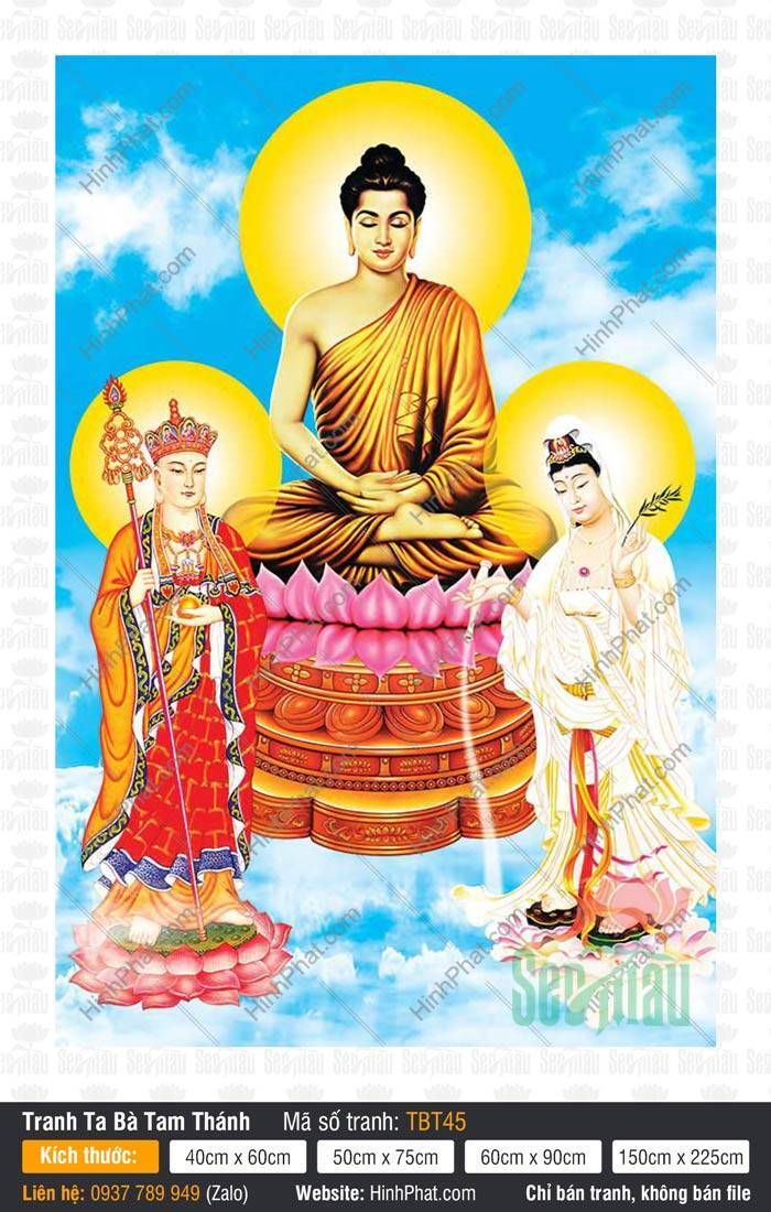 Tranh Sa Bà Tam Thánh TBT45 Tranh Sa Bà Tam Thánh TBT45 nổi bật trên nền trời xanh mây trắng trong lành