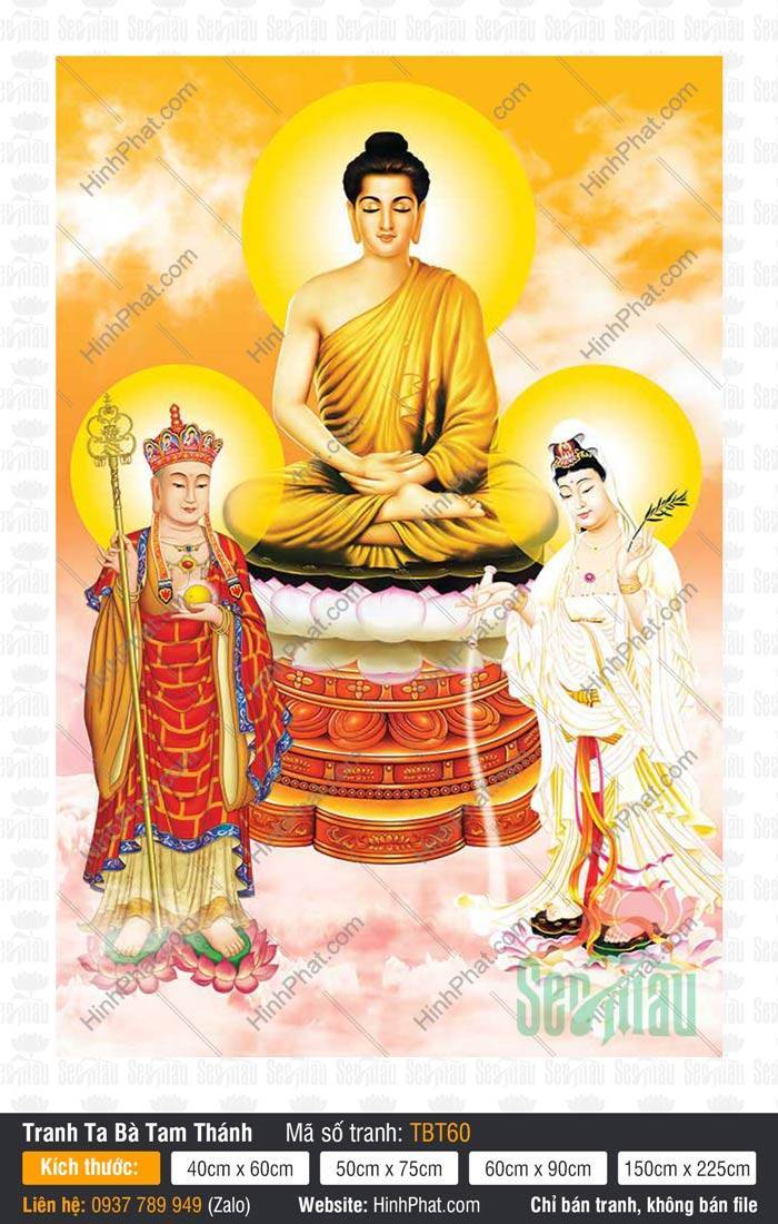 Tranh Sa Bà Tam Thánh TBT60 Tranh Sa Bà Tam Thánh TBT60 khắc họa ba vị Phật và Bồ Tát ngự trên tòa sen