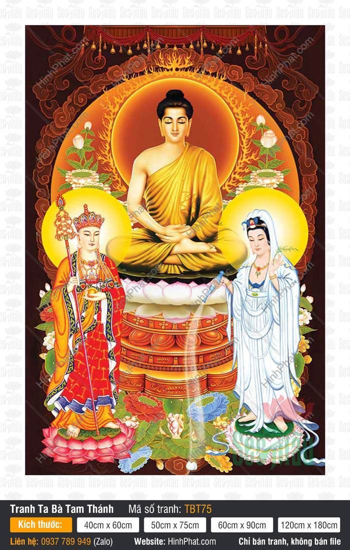 Tranh Sa Bà Tam Thánh TBT75 Tranh Sa Bà Tam Thánh TBT75 nền nâu trầm họa tiết cổ điển trang nghiêm