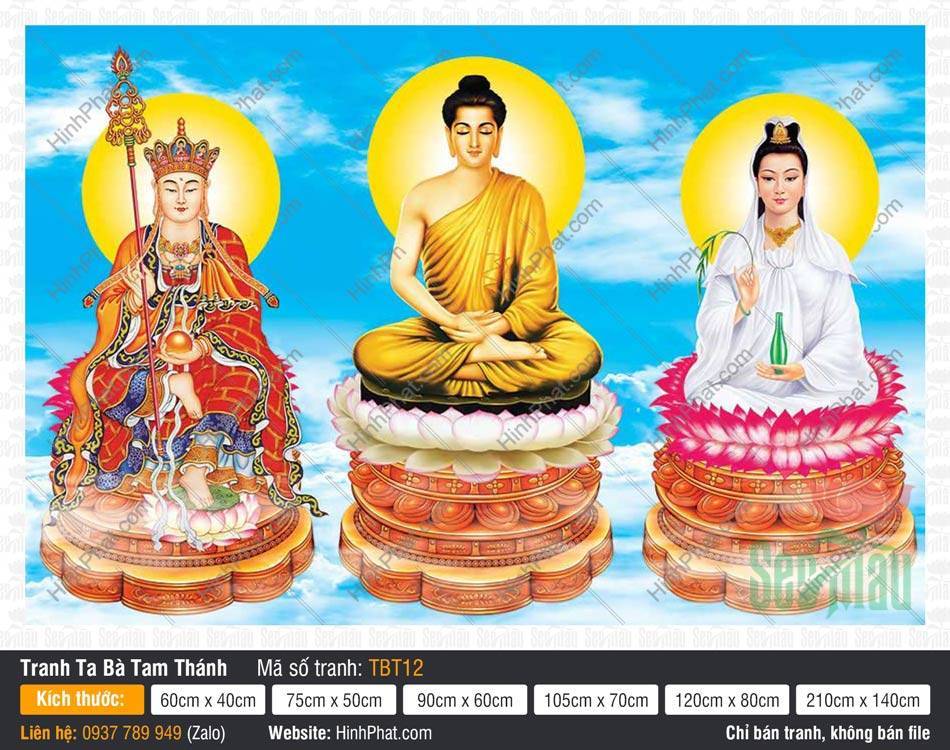 Tranh Sa Bà Tam Thánh TBT12 Tranh Sa Bà Tam Thánh TBT12 Đức Thích Ca tọa đài sen trắng hồng giữa trời mây