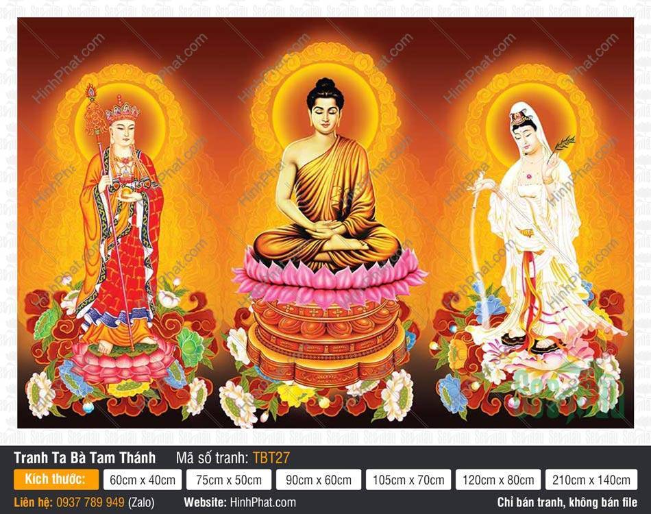 Tranh Sa Bà Tam Thánh TBT27 Tranh Sa Bà Tam Thánh TBT27 Đức Thích Ca tọa sen hồng hai Bồ Tát đứng nền gấm