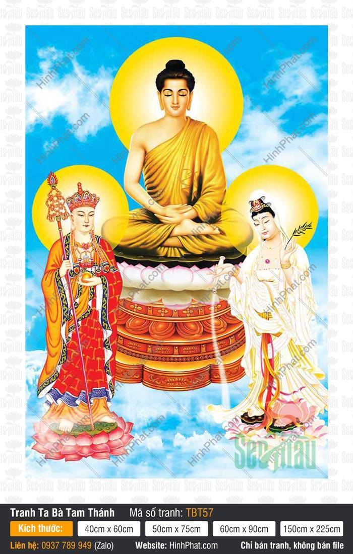 Tranh Sa Bà Tam Thánh TBT57 Tranh Sa Bà Tam Thánh TBT57 nổi bật giữa phông nền bầu trời xanh lam và mây trắng