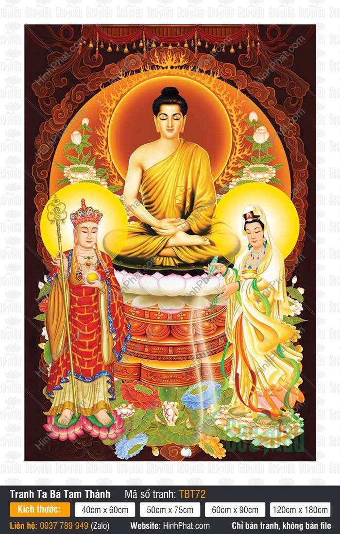 Tranh Sa Bà Tam Thánh TBT72 Tranh Sa Bà Tam Thánh TBT72 nền nâu trầm họa tiết cổ điển trang nghiêm