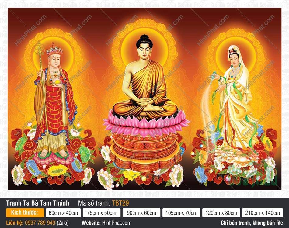 Tranh Ta Bà Tam Thánh TBT29 Tranh Ta Bà Tam Thánh TBT29 Đức Thích Ca ngồi hai Bồ Tát đứng nền vàng cam