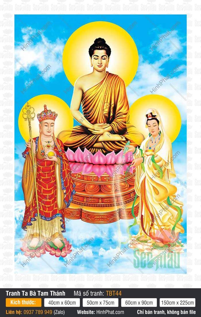 Tranh Ta Bà Tam Thánh TBT44 Tranh Ta Bà Tam Thánh TBT44 ba đấng tối cao ngự tòa sen giữa mây trời