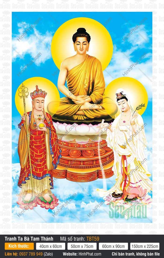 Tranh Ta Bà Tam Thánh TBT59 Tranh Ta Bà Tam Thánh TBT59 ba đấng từ bi ngự đài sen cánh trắng