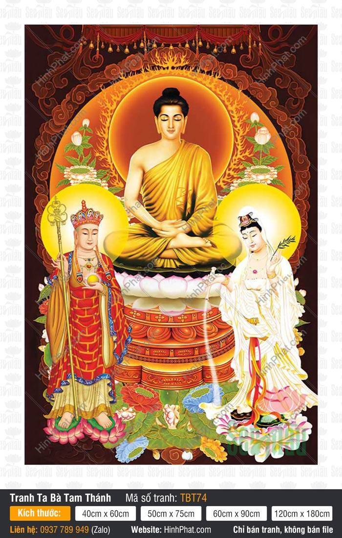 Tranh Ta Bà Tam Thánh TBT74 Tranh Ta Bà Tam Thánh TBT74 Đức Phật Thích Ca và hai Bồ Tát ngự đài sen trắng