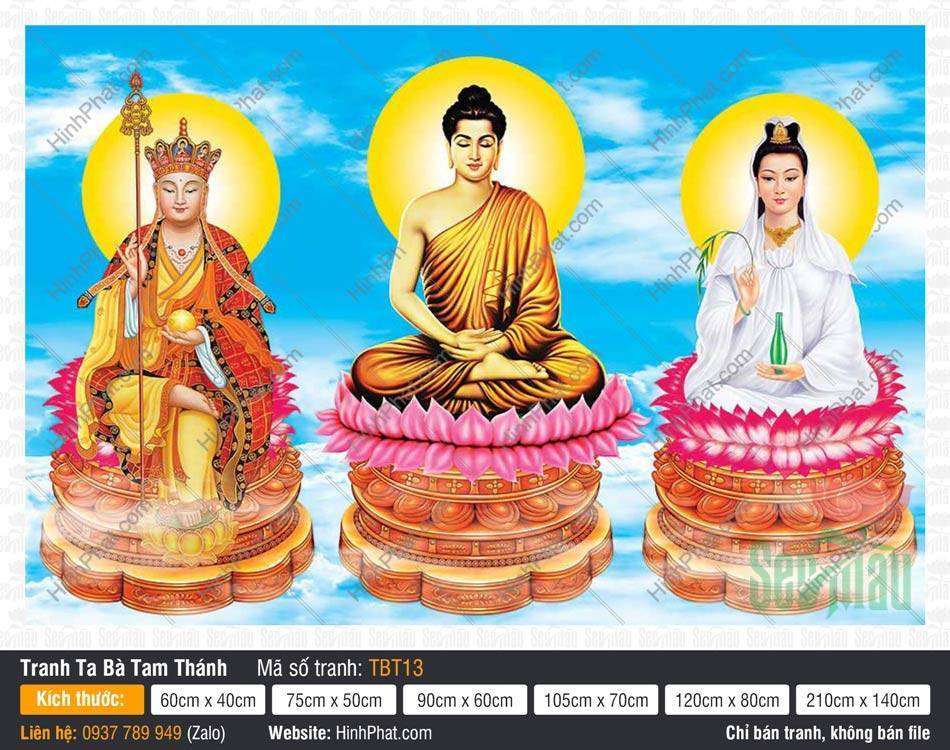 Tranh Ta Bà Tam Thánh, Sa Bà Tam Thánh TBT13 Tranh Ta Bà Tam Thánh TBT13 khắc họa ba vị Đức Phật ngự tòa sen nền mây xanh