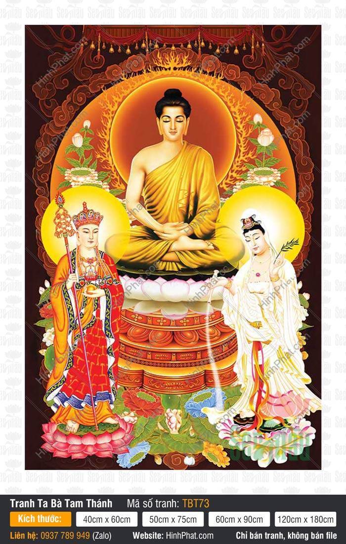 Tranh Ta Bà Tam Thánh, Sa Bà Tam Thánh TBT73 Tranh Ta Bà Tam Thánh, Sa Bà Tam Thánh TBT73 phác họa ba vị thánh ngự sen viền cổ kính
