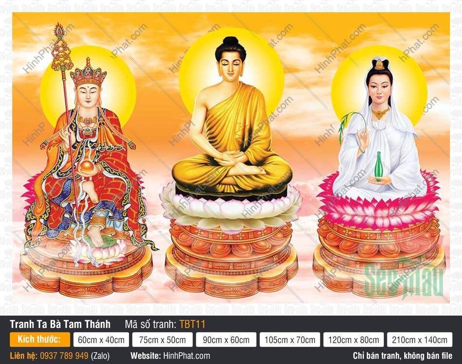 Tranh Ta Bà Tam Thánh TBT11 Tranh Ta Bà Tam Thánh TBT11 ngự đài sen hồng trên bệ đồng nhiều tầng