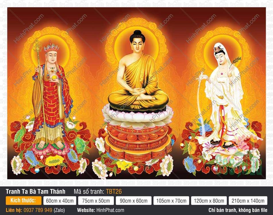 Tranh Ta Bà Tam Thánh TBT26 Tranh Ta Bà Tam Thánh TBT26 ba vị ngự tòa sen nền hào quang vàng cam cổ kính