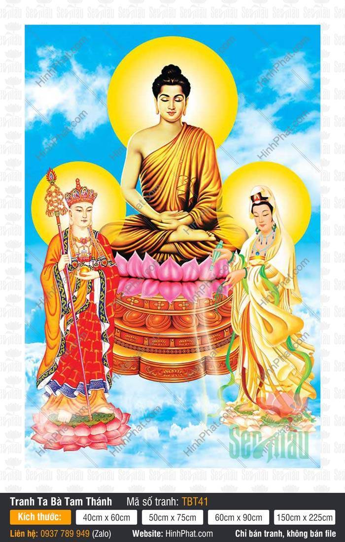Tranh Ta Bà Tam Thánh TBT41 Tranh Ta Bà Tam Thánh TBT41 Thích Ca Mâu Ni và hai vị Bồ Tát ngự tòa sen