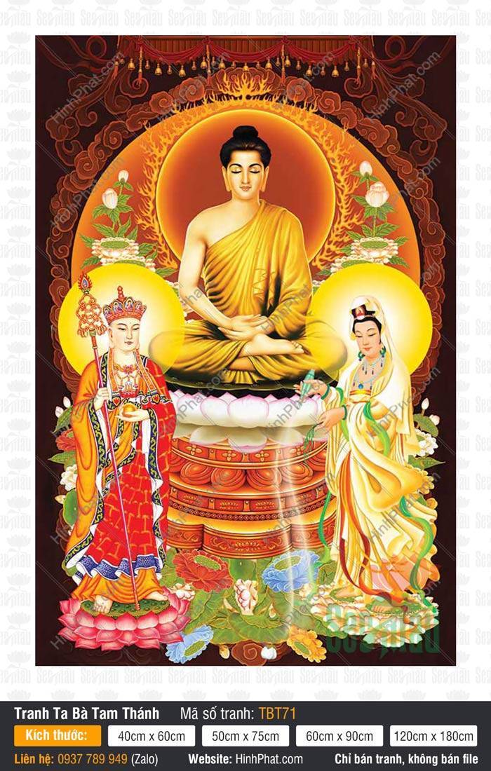 Tranh Ta Bà Tam Thánh TBT71 Tranh Ta Bà Tam Thánh TBT71 Đức Thích Ca ngự tòa sen trắng nền nâu đỏ