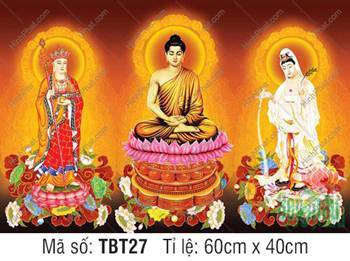Tranh Sa Bà Tam Thánh TBT27, Đức Thích Ca tọa đài sen hồng