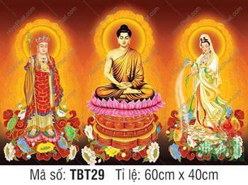 Tranh Ta Bà Tam Thánh TBT29, Hào Quang Cổ Kính Nền Vàng Cam