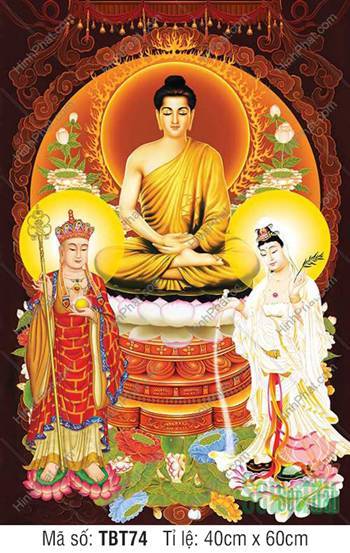 Tranh Ta Bà Tam Thánh TBT74, tầng sen trắng nền nâu đỏ Tranh Ta Bà Tam Thánh TBT74, tầng sen trắng nền nâu đỏ