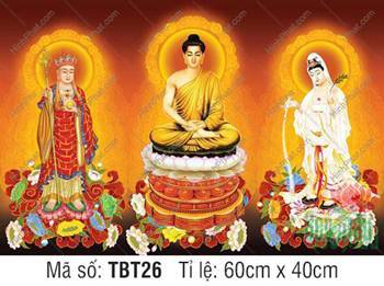 Tranh Ta Bà Tam Thánh TBT26, Đức Phật Ngồi Hai Bồ Tát Đứng