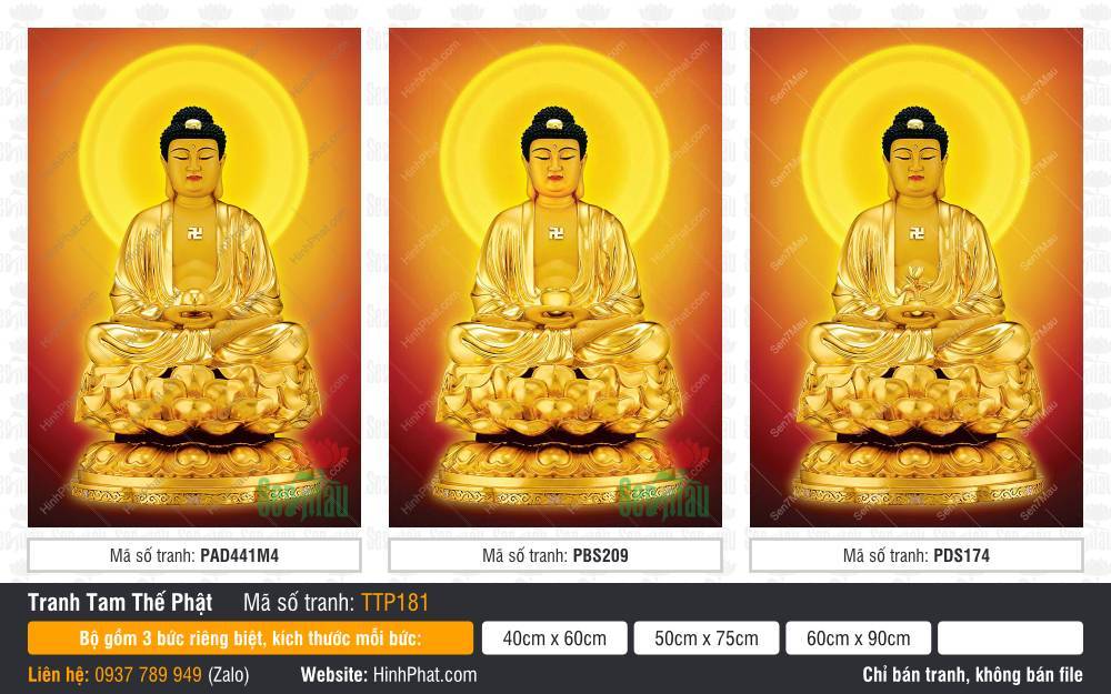 Hình Tam Thế Chư Phật TTP181 Hình Tam Thế Chư Phật TTP181 sắc vàng kim tỏa quầng hào quang tròn trên nền đỏ cam