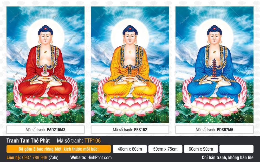 Hình Tam Thế Phật Size Lớn TTP106 Hình Tam Thế Phật Size Lớn TTP106 khắc họa ba vị Phật y phục ba màu đỏ vàng xanh