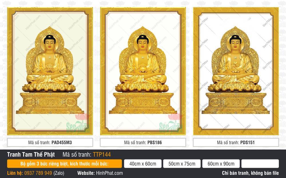 Hình Tam Thế Phật Size Lớn TTP144 Hình Tam Thế Phật Size Lớn TTP144 tỏa sắc hoàng kim rực rỡ trên nền gấm kem