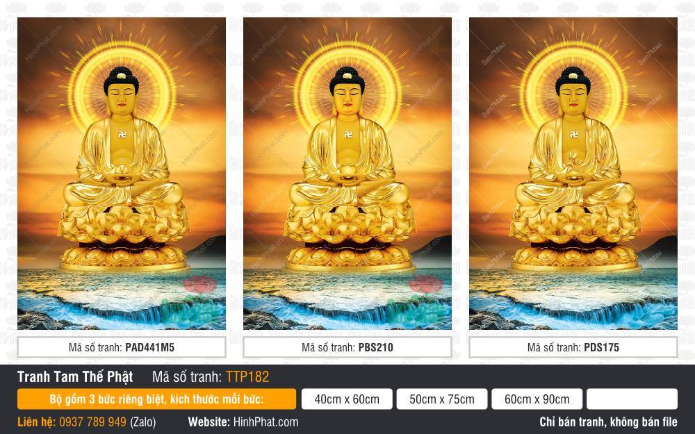 Hình Tam Thế Phật Size Lớn TTP182 Hình Tam Thế Phật Size Lớn TTP182 ngự sen vàng giữa hoàng hôn và sóng biển