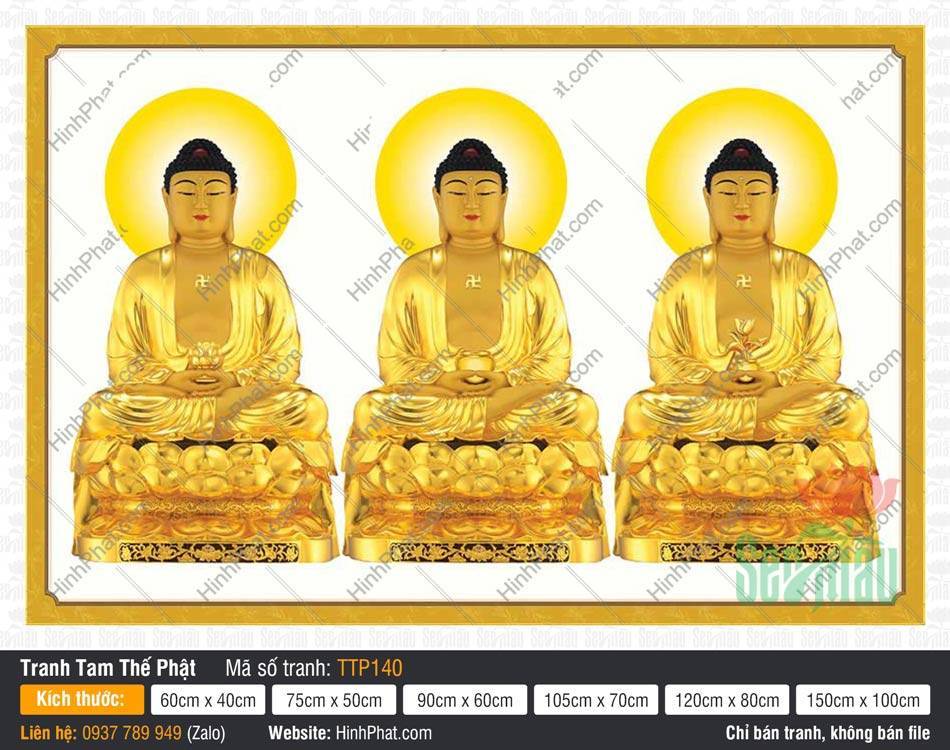 Hình Tam Thế Phật TTP140 Hình Tam Thế Phật TTP140 khắc họa ba Đức Phật ngự đài sen báu nền trắng