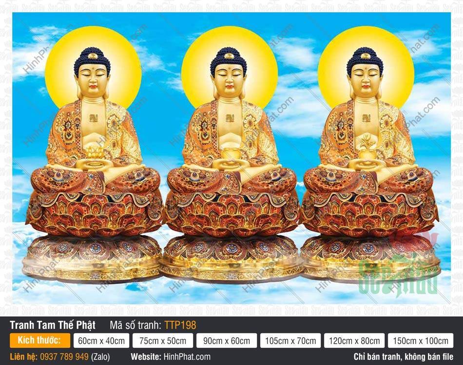 Hình Tam Thế Phật đẹp TTP198 Hình Tam Thế Phật đẹp TTP198 khoác y phục gấm đỏ cam hoa văn thêu tinh xảo