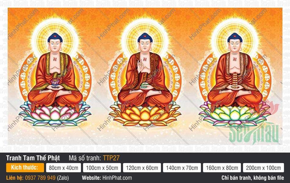 Hình Tam Thế Phật đẹp TTP27 Tranh Hình Tam Thế Phật đẹp TTP27 ba Đức Phật mặc y đỏ nâu tọa đài sen