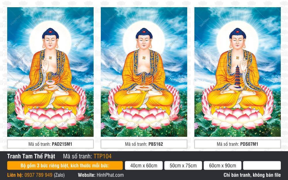 Hình Tam Thế Phật đẹp nhất TTP104 Hình Tam Thế Phật đẹp nhất TTP104 tái hiện ba Đức Phật ngự tòa sen hồng hào quang rực rỡ
