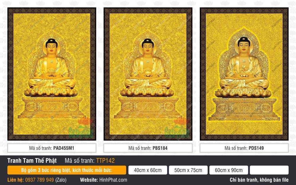 Hình Tam Thế Phật đẹp nhất TTP142 Hình Tam Thế Phật đẹp nhất TTP142 ngự tòa sen báu trên nền gấm vàng cổ điển