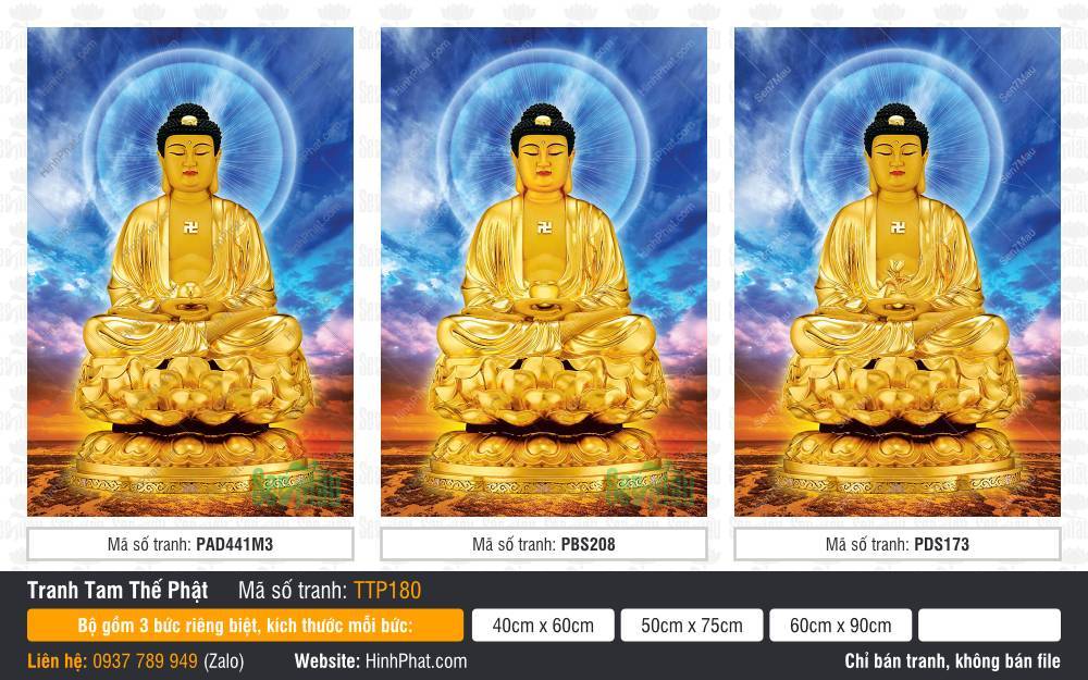 Hình Tam Thế Phật đẹp nhất TTP180 Hình Tam Thế Phật đẹp nhất TTP180 tỏa sắc hoàng kim giữa hào quang xanh tròn