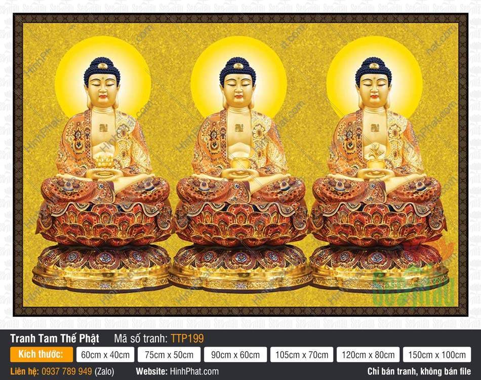 Hình Tam Thế Phật đẹp nhất TTP199 Hình Tam Thế Phật đẹp nhất TTP199 mặc áo gấm đỏ cam ngự tòa sen vàng rực rỡ