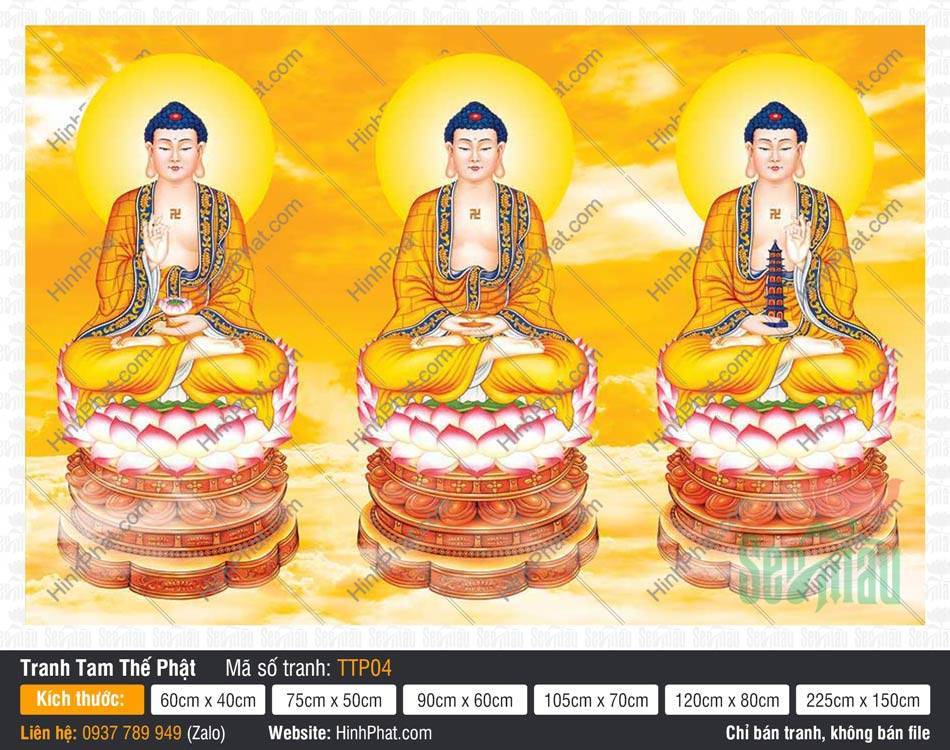 Tam Thế Chư Phật TTP04 Tam Thế Chư Phật TTP04 khắc họa ba Đức Phật tọa thiền trên nền mây vàng