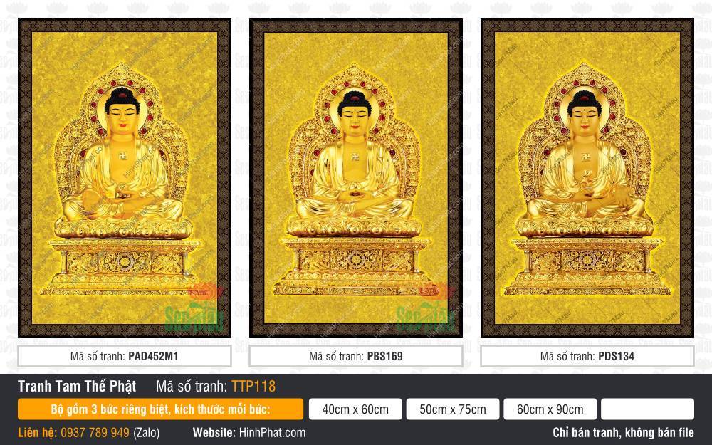 Tam Thế Chư Phật TTP118 Tam Thế Chư Phật TTP118 bộ ba bức tranh giả phù điêu màu vàng kim