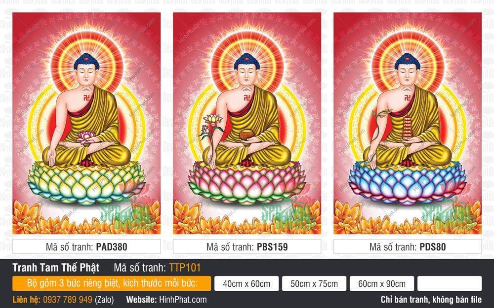 Tam Thế Nhất Thiết Chư Phật TTP101 Tam Thế Nhất Thiết Chư Phật TTP101 bộ ba bức đứng nền đỏ chữ Vạn