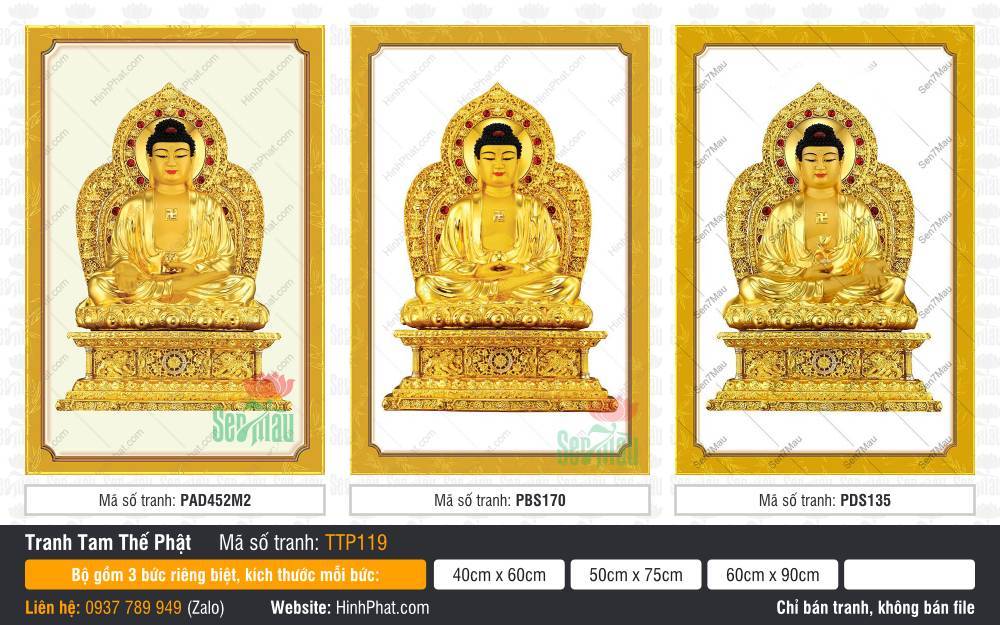 Tam Thế Phật Size Lớn TTP119 Tam Thế Phật Size Lớn TTP119 họa ba Đức Phật sắc vàng kim điểm ngọc đỏ hào quang