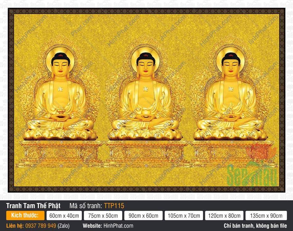 Tam Thế Phật TTP115 Tranh Tam Thế Phật TTP115 họa ba Đức Phật giả phù điêu sắc vàng kim trang nghiêm
