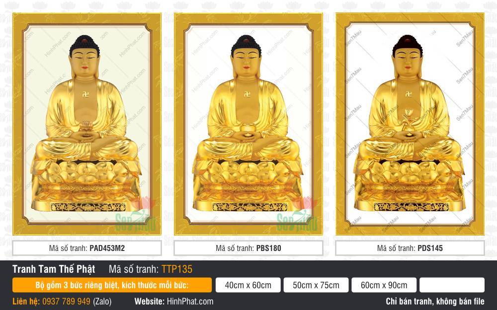 Tam Thế Phật đẹp TTP135 Tam Thế Phật đẹp TTP135 với sắc vàng toàn thân ngự trên tòa sen báu