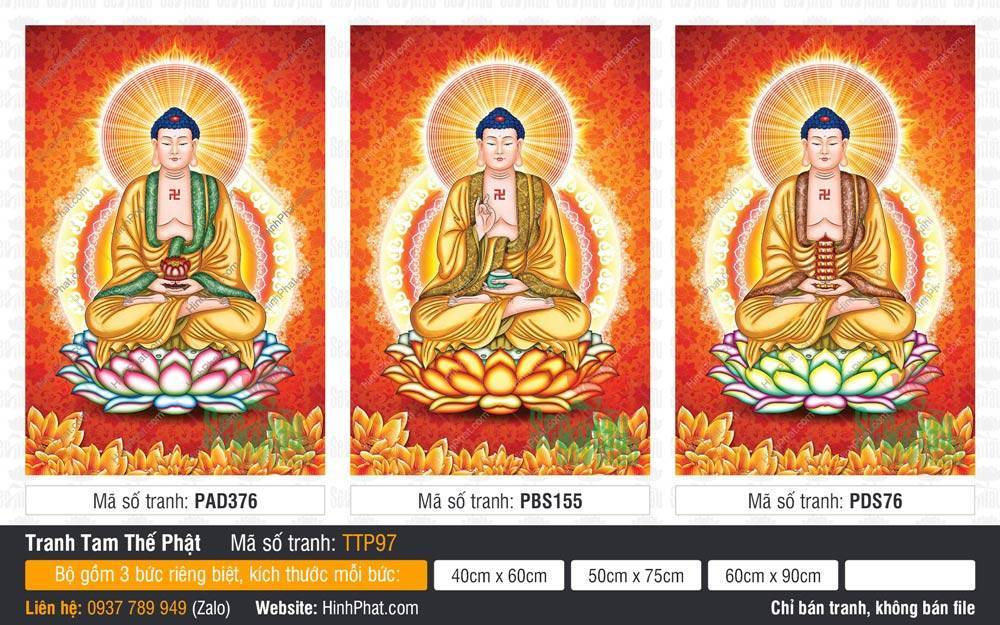 Tam Thế Phật đẹp TTP97 Bộ ba bức họa Tam Thế Phật đẹp TTP97 y phục vàng nền đỏ