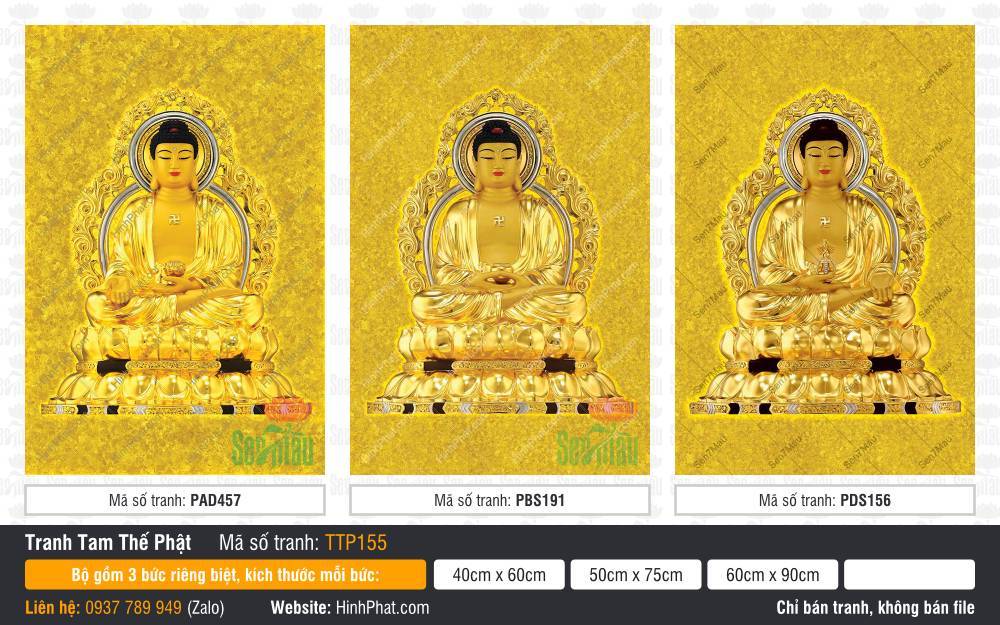 Tam Thế Phật đẹp nhất TTP155 Tam Thế Phật đẹp nhất TTP155 vẽ ba Đức Phật ngự sen vàng nền gấm