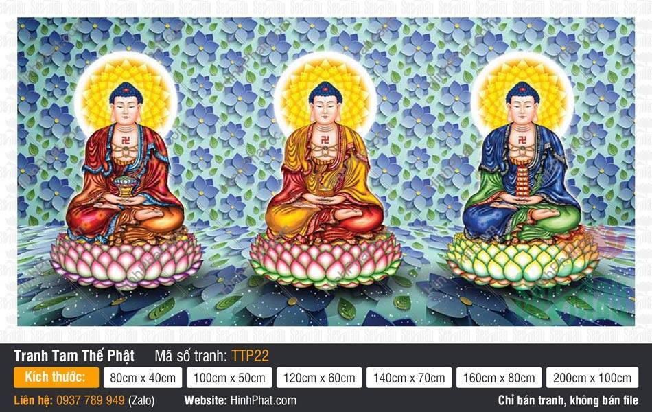 Tam Thế Phật đẹp nhất TTP22 Bức họa Tam Thế Phật đẹp nhất TTP22 miêu tả ba Đức Phật ngự đài sen trên nền hoa xanh